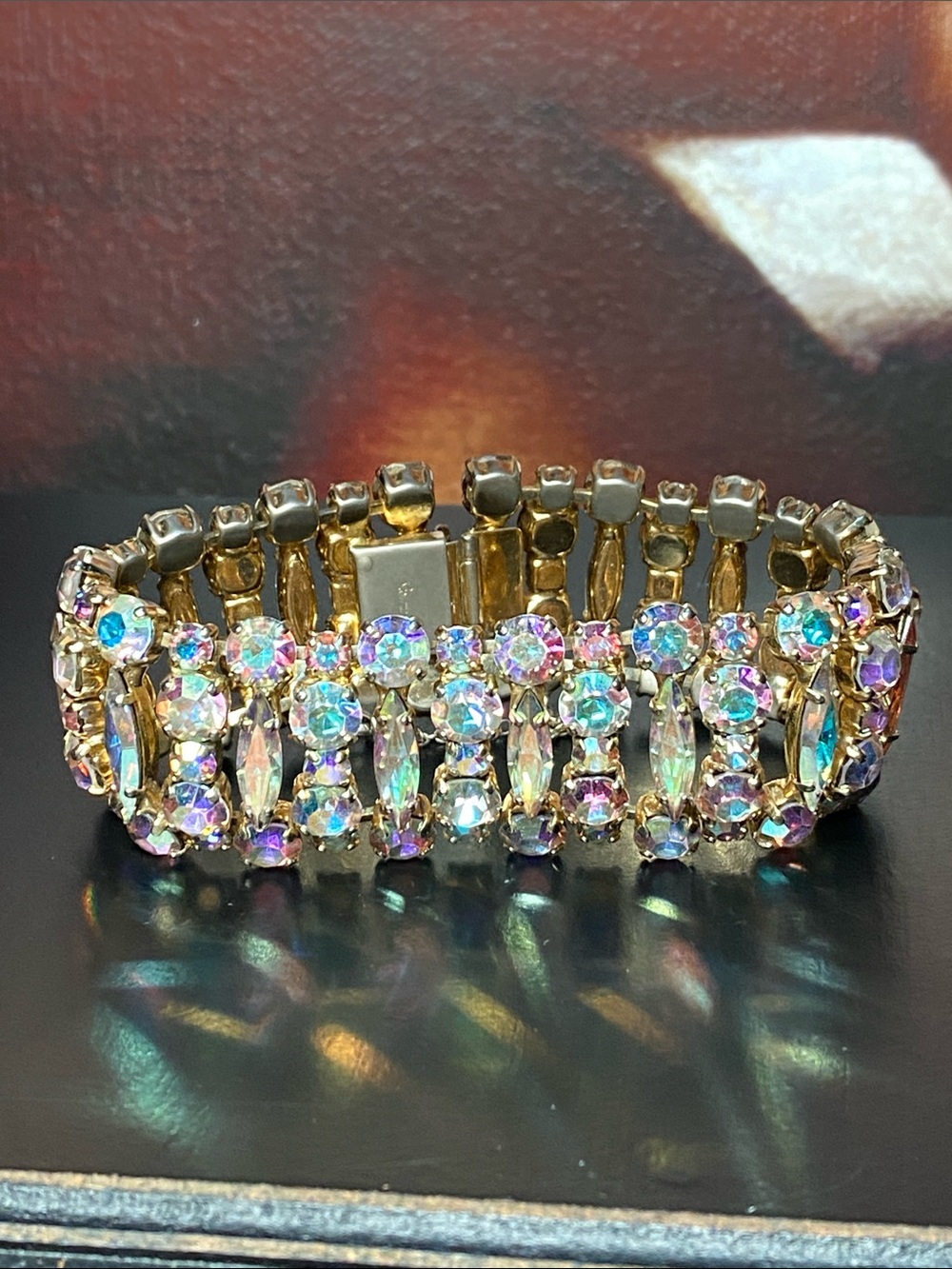Iconic 1950’s Wide Aurora Borealis Bracelet by Gustave Sherman!